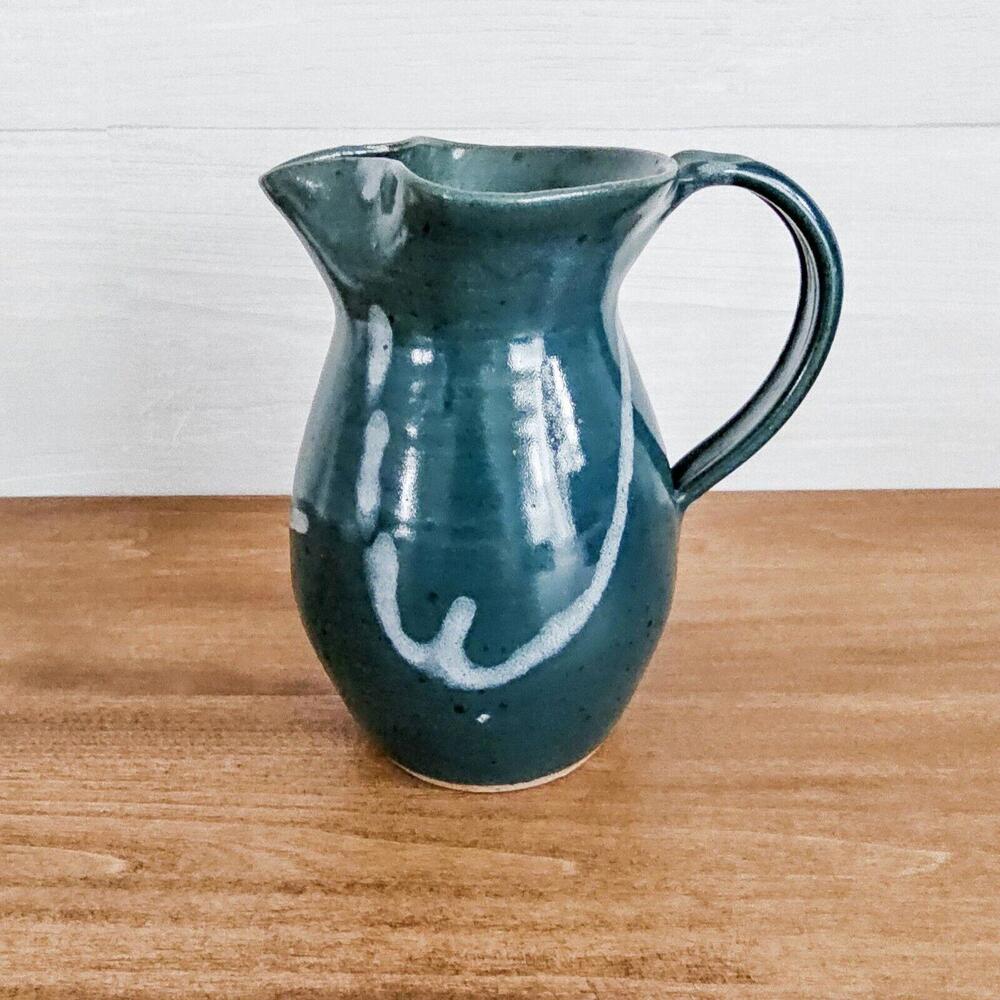 Vintage Studio Pottery Vase Pitcher Dark Green And White Signed Gayla 1999